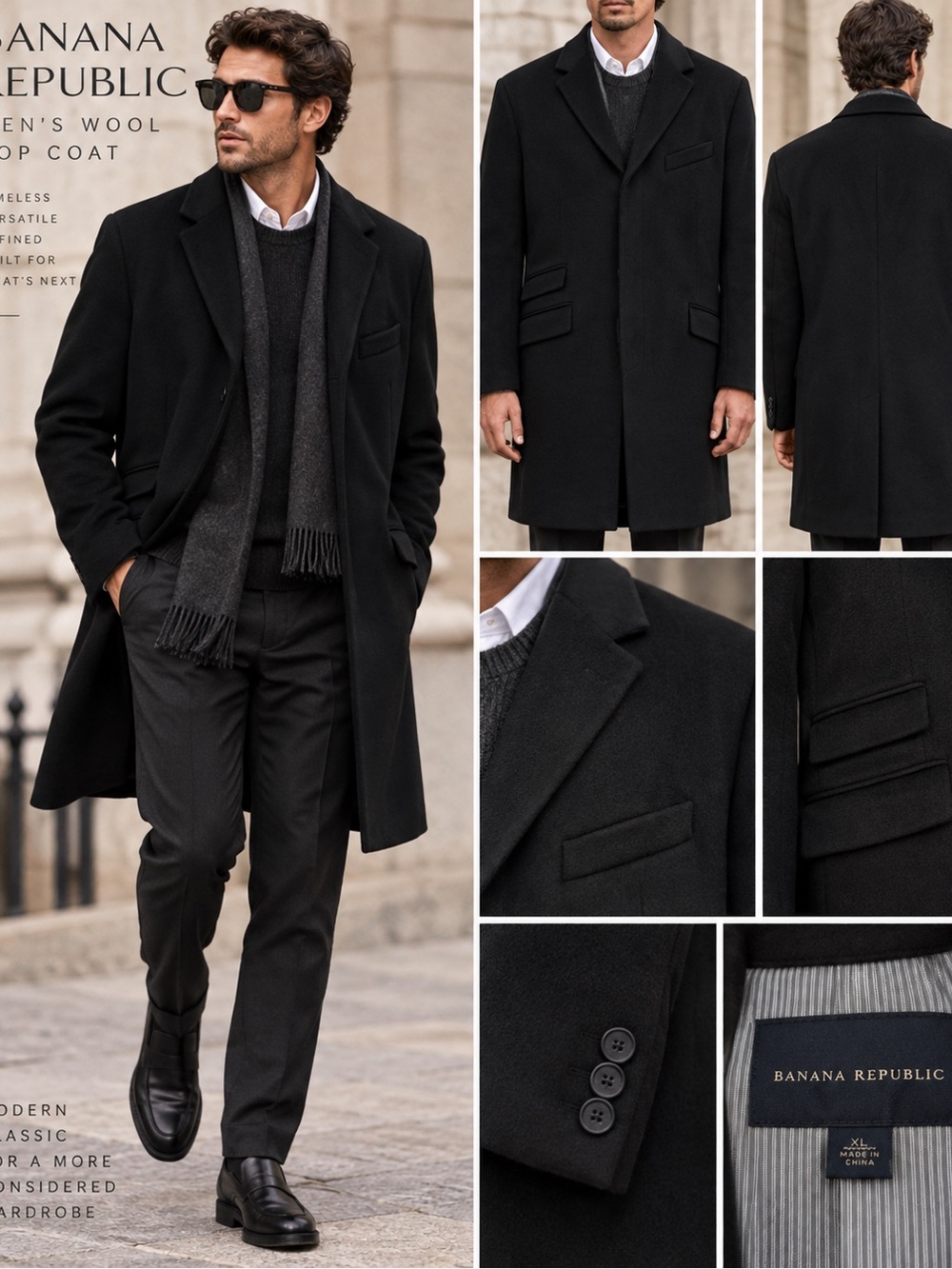 NWT Banana Republic XL Black Wool Top Coat Quiet Luxury Overcoat
